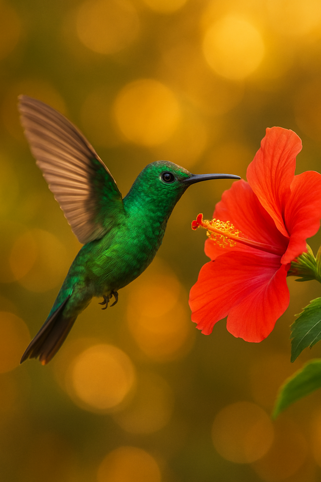 Emerald hummingbird near red hibiscus 4K mobile wallpaper