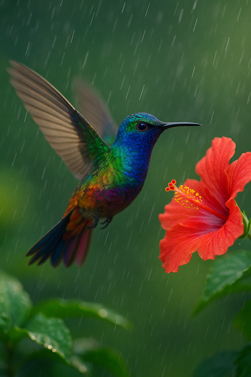 Rainbow hummingbird flying through tropical rain 4K wallpaper