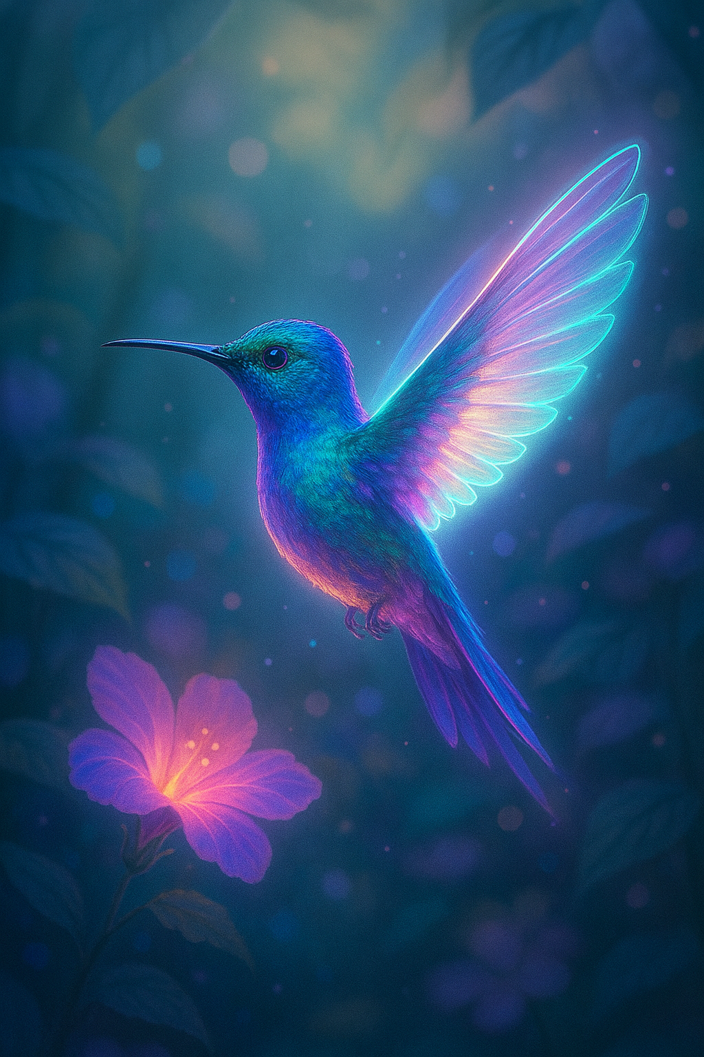 Fantasy glowing hummingbird in magical forest 4K wallpaper