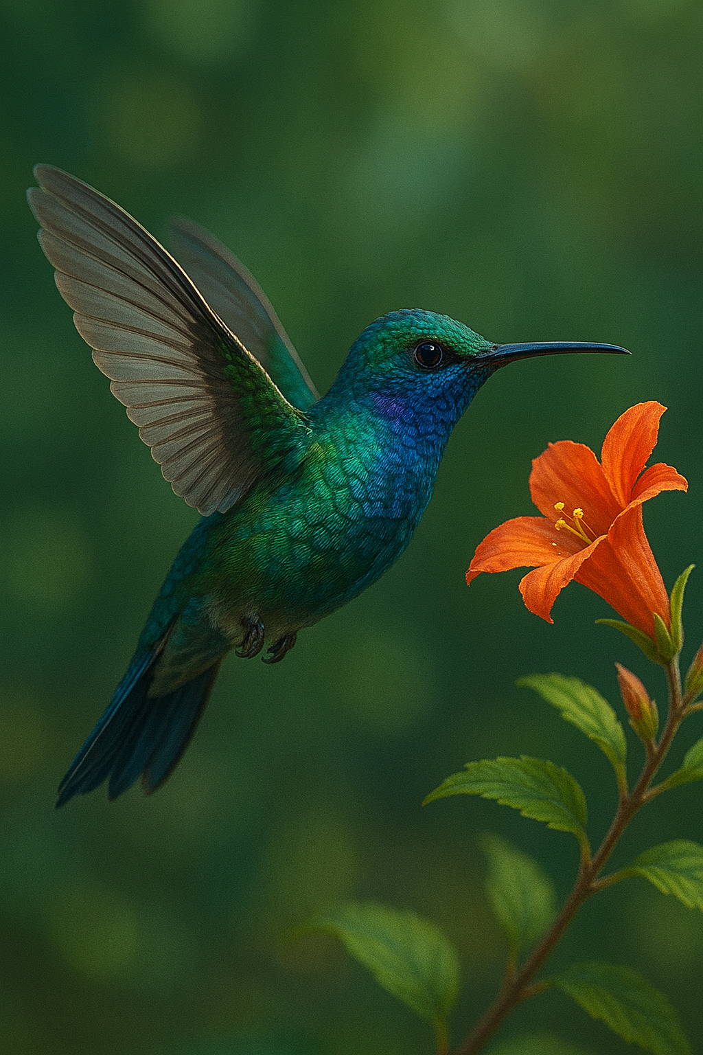 Metallic blue hummingbird perched on dew twig HD wallpaper
