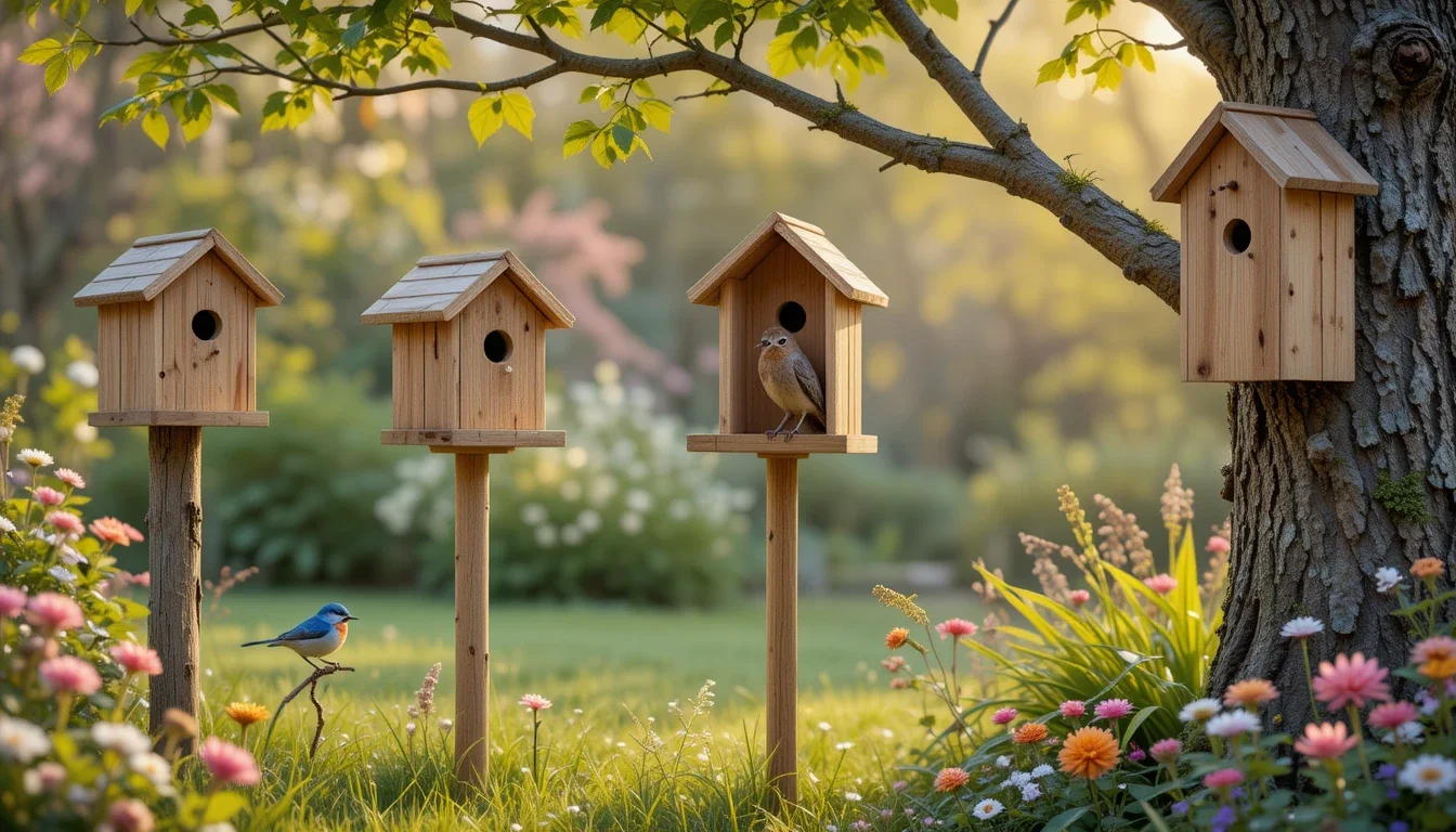 Wooden and eco-friendly Bird Nest Boxes placed in a garden for wild birds
