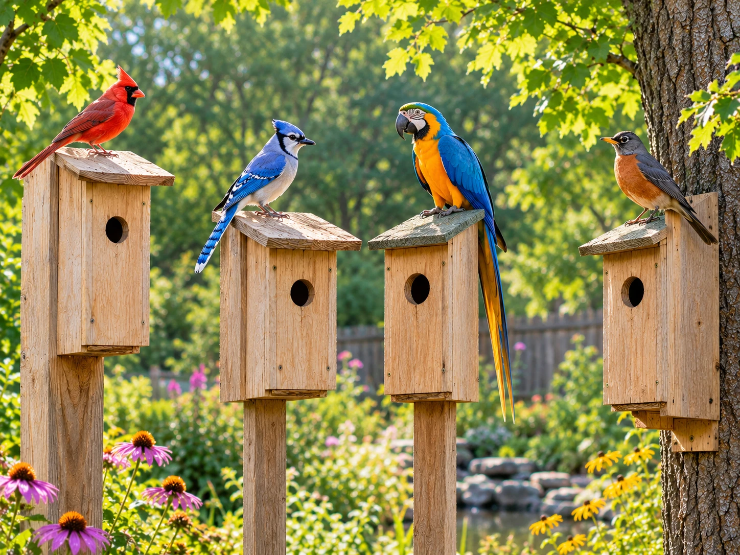 Northern Cardinal, Blue Jay, Parrot, and American Robin perched on wooden bird nest boxes