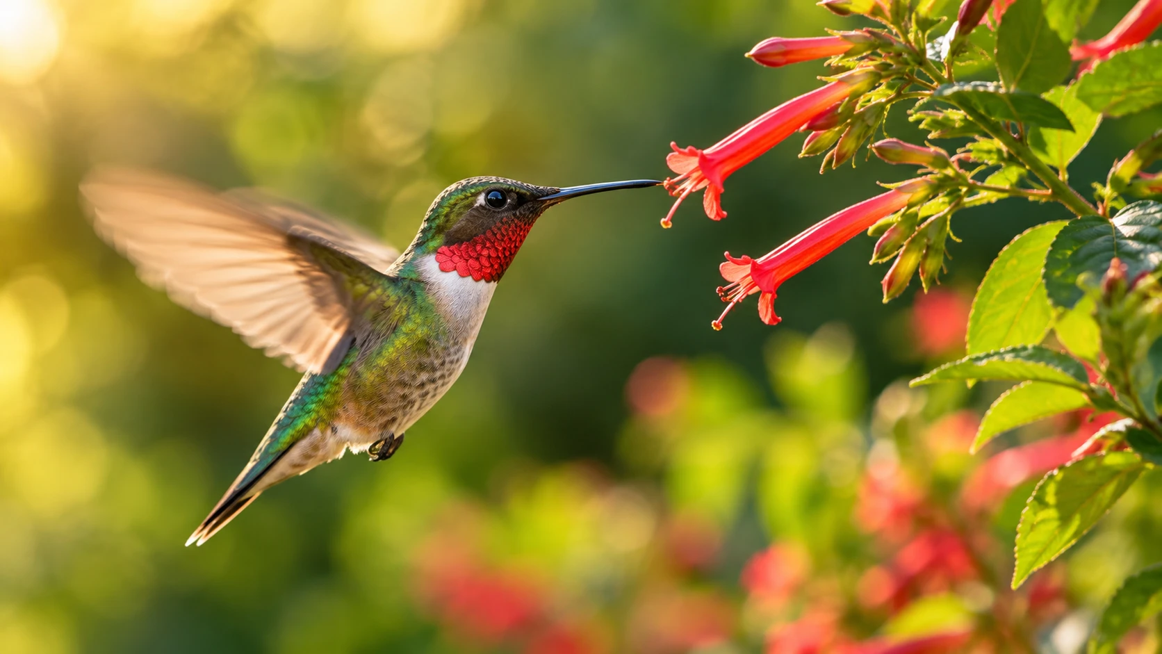 Ruby-throated Hummingbird hovering beside red tubular flowers in a garden