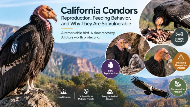 California condor showing feeding behavior and reproduction challenges in the wild