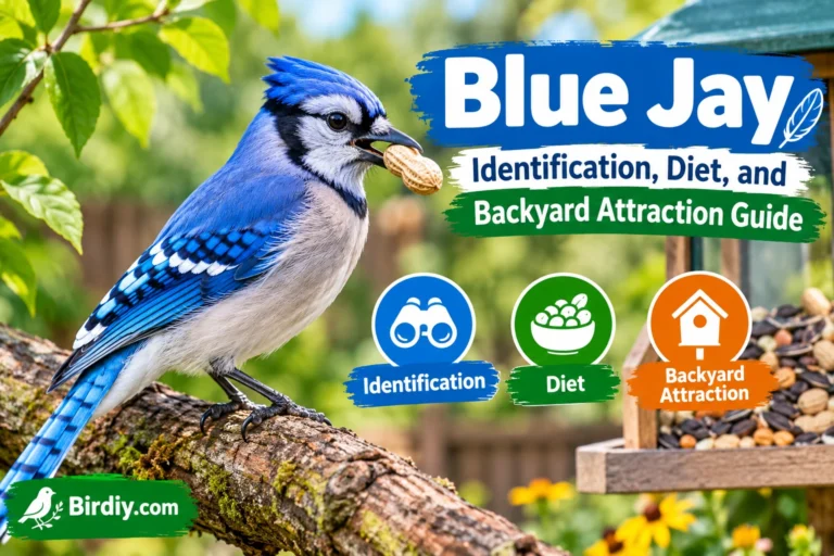 Blue Jay identification, diet, and backyard attraction guide with a Blue Jay holding a peanut near a bird feeder