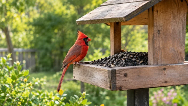 Northern Cardinal perched on a hopper bird feeder