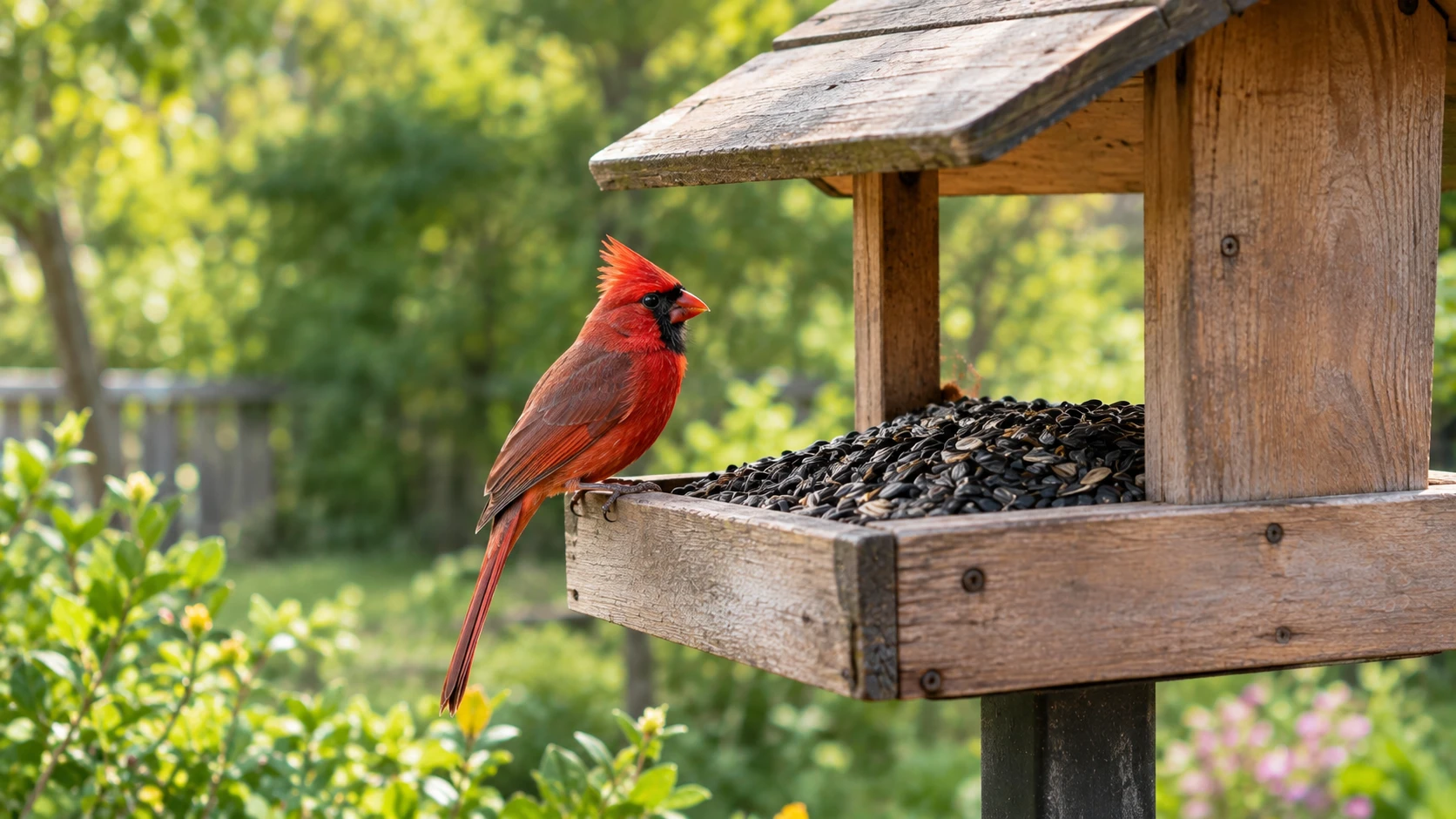 Northern Cardinal perched on a hopper bird feeder