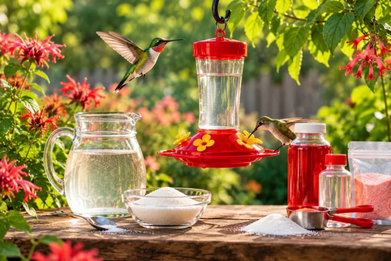Best hummingbird nectar with a red feeder, sugar, and nectar concentrate in a backyard garden.