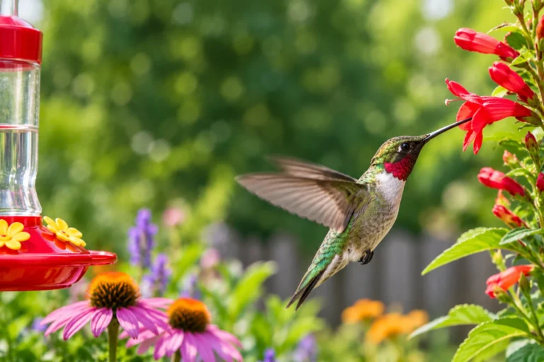 Hummingbird hovering beside red flowers near a feeder in a colorful garden.