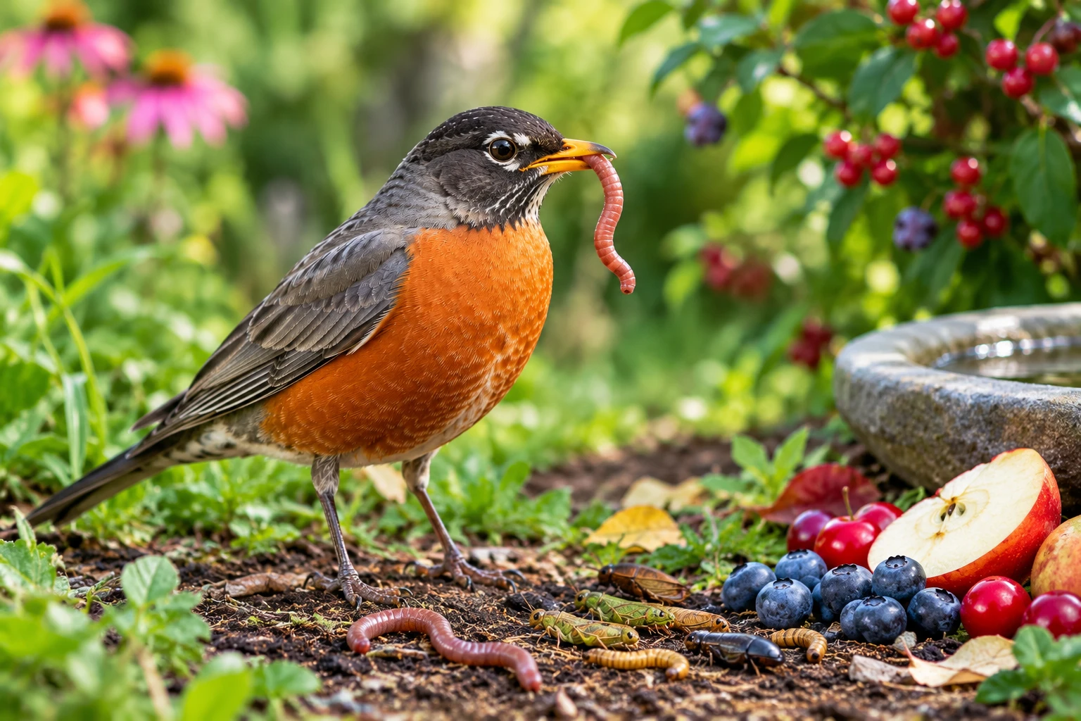 What do robins eat, including worms, insects, and berries