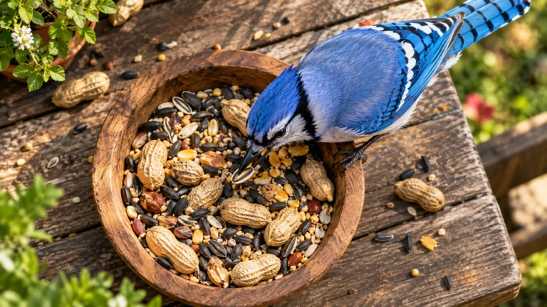 Blue Jay picking food from a wooden bowl filled with peanuts and mixed birdseed