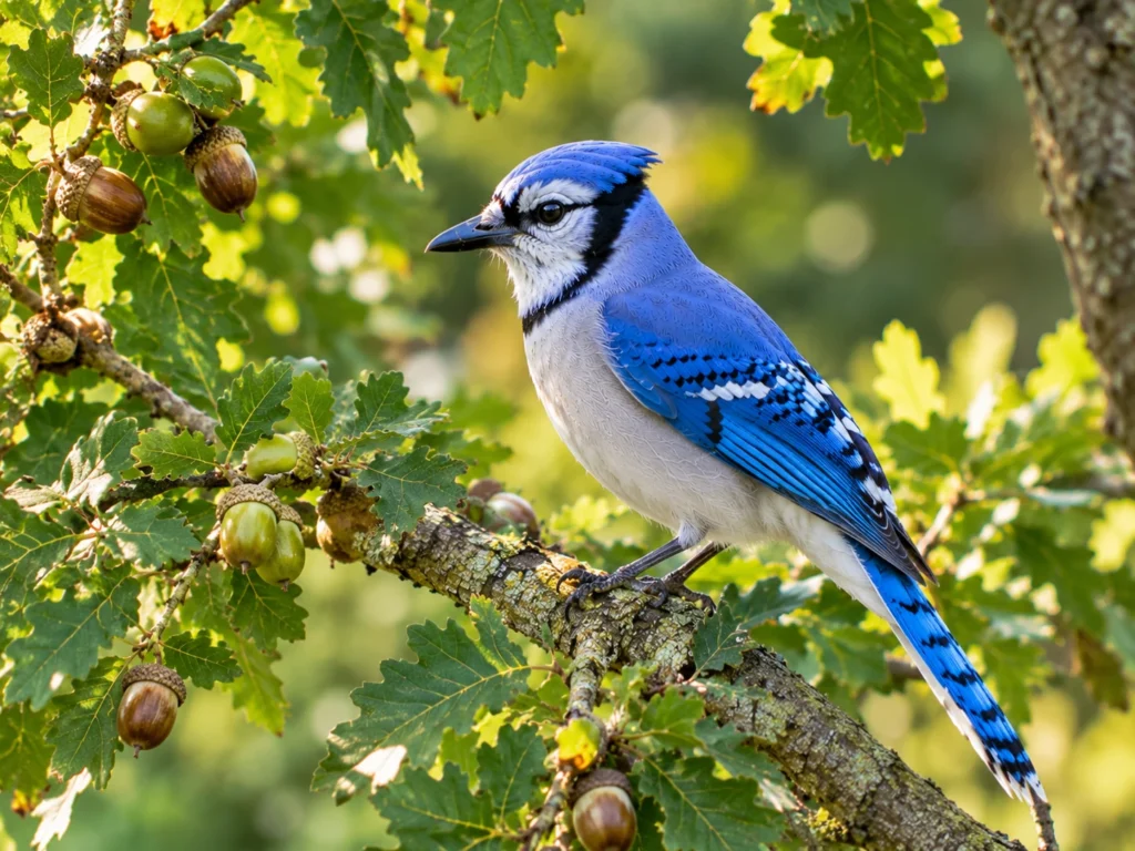 Blue Jay perched on an oak branch surrounded by green leaves and acorns