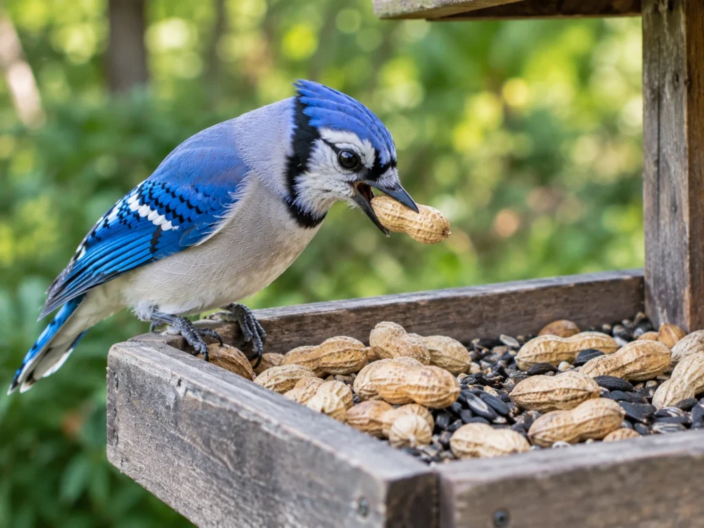 Blue Jay perched beside peanuts and sunflower seeds at a backyard feeding station