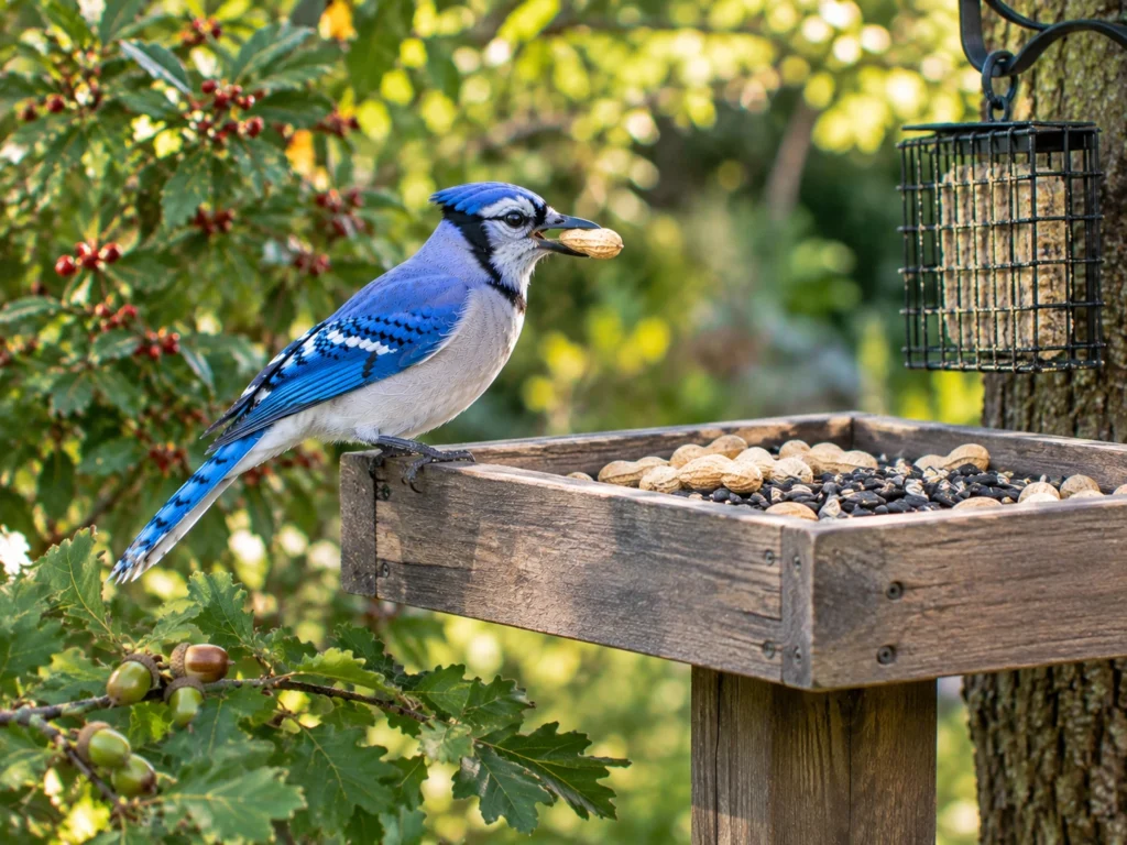 Blue Jay holding an unshelled peanut on a wooden platform feeder