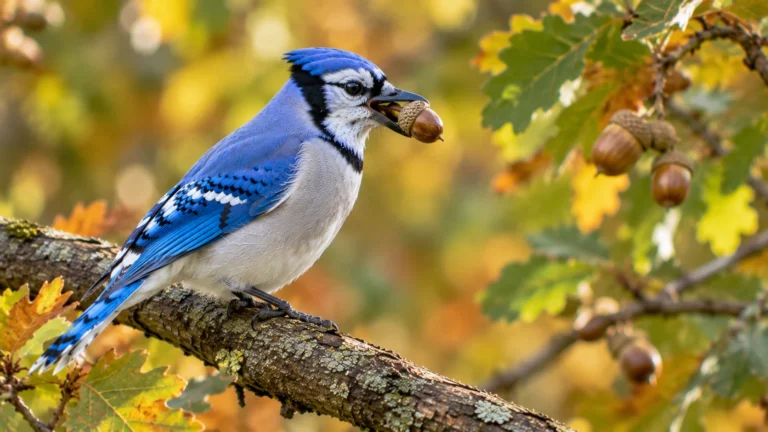 Blue Juay perched on a tree branch among oak leaves and natural backyard food sorces