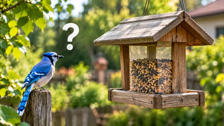 Blue Jay perched beside a wooden bird feeder filled with mixed seeds in a quiet backyard.