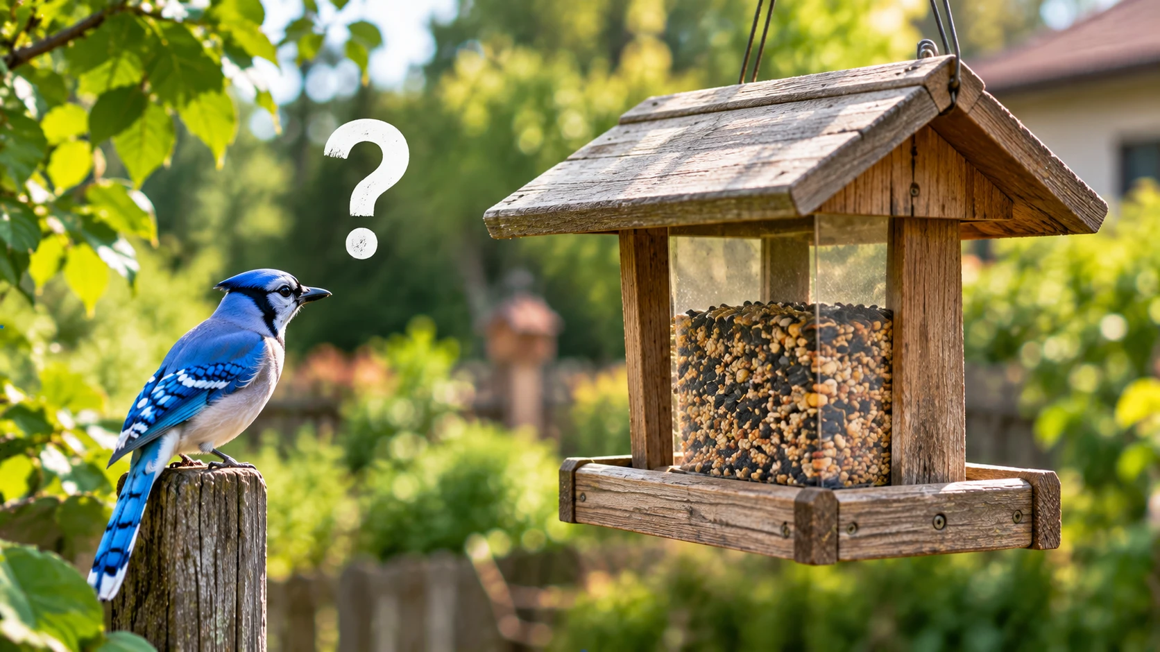 Blue Jay perched beside a wooden bird feeder filled with mixed seeds in a quiet backyard.