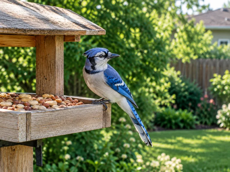 Blue Jay perched on a wooden bird feeder filled with peanuts in an American backyard