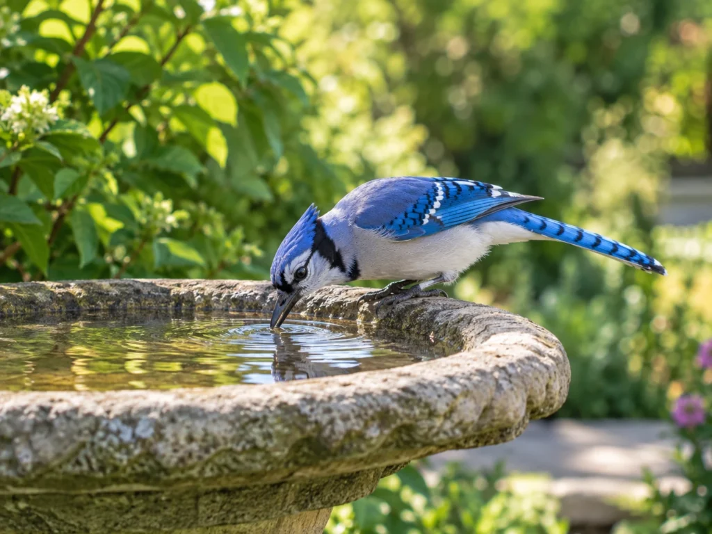 Blue Jay drinking fresh water from a stone bird bath in a backyard garden