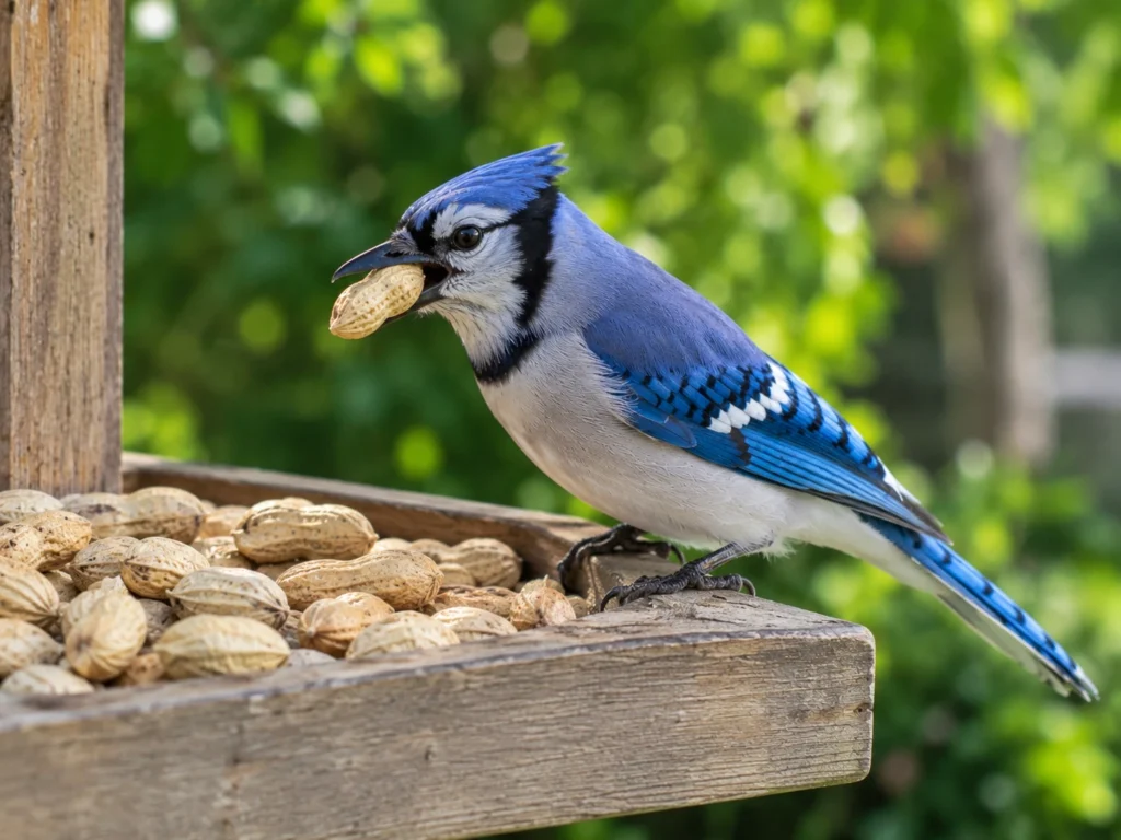 Blue Jay eating an unshelled peanut from a wooden bird feeder