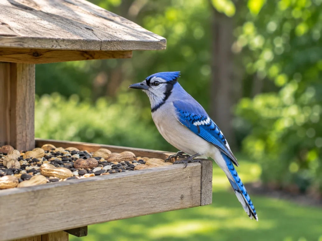 Blue Jay perched on a wooden bird feeder filled with peanuts in an American backyard