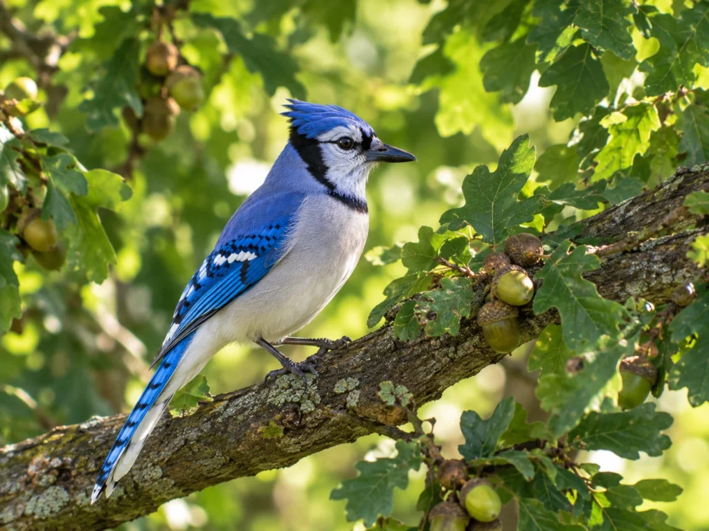 Blue Jay perched on an oak branch surrounded by green leaves and acorns