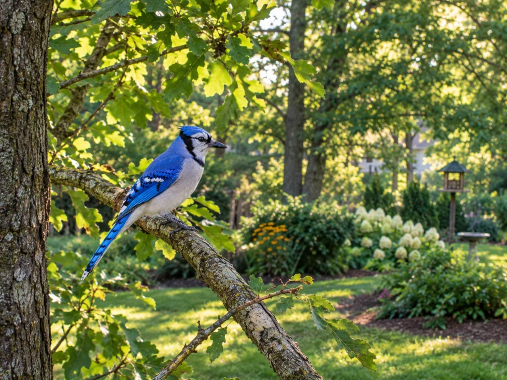 Blue Jay perched on a tree branch in a spacious American backyard garden