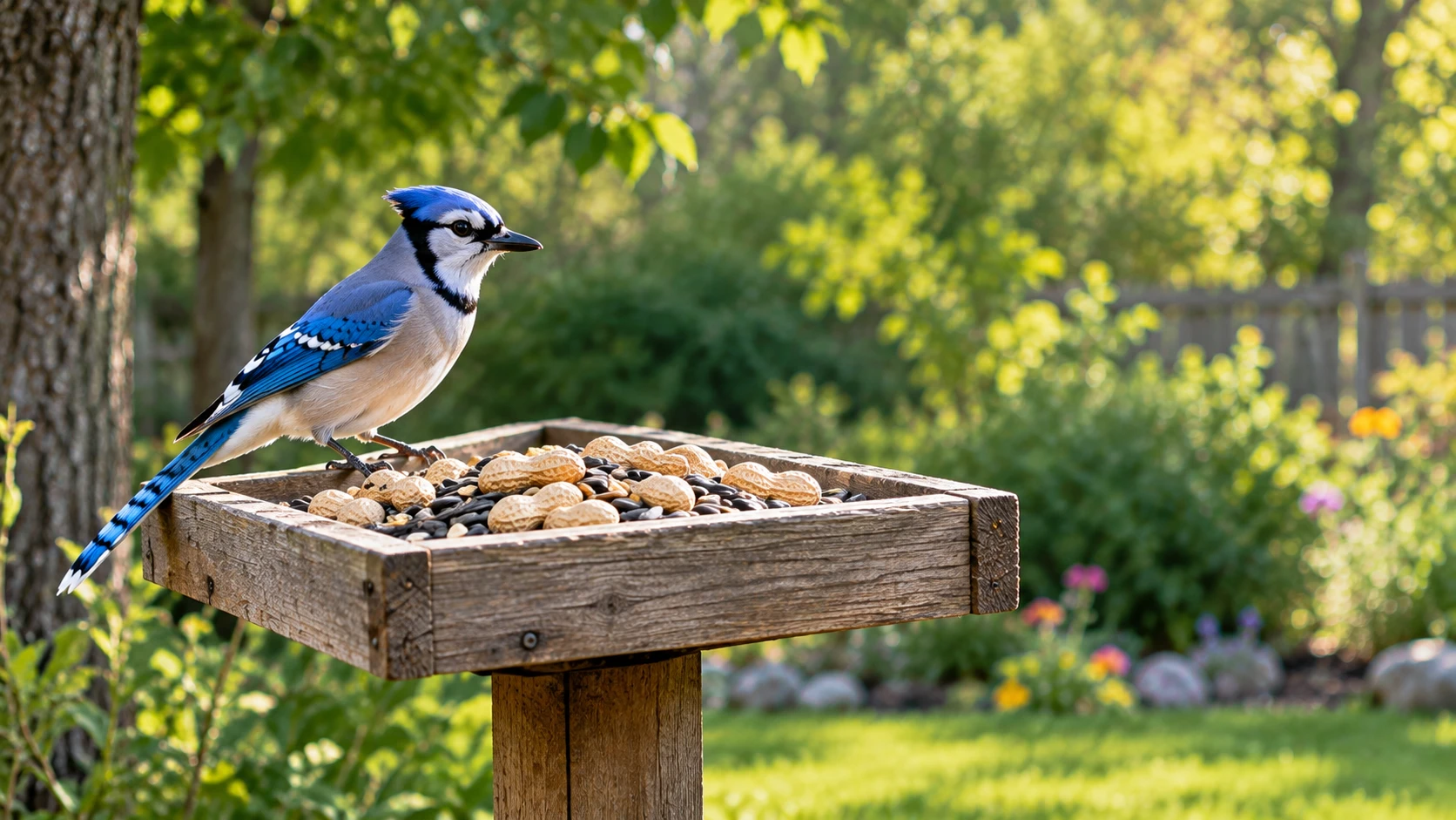 Blue Jay perched on a wooden platform feeder filled with peanuts and sunflower seeds