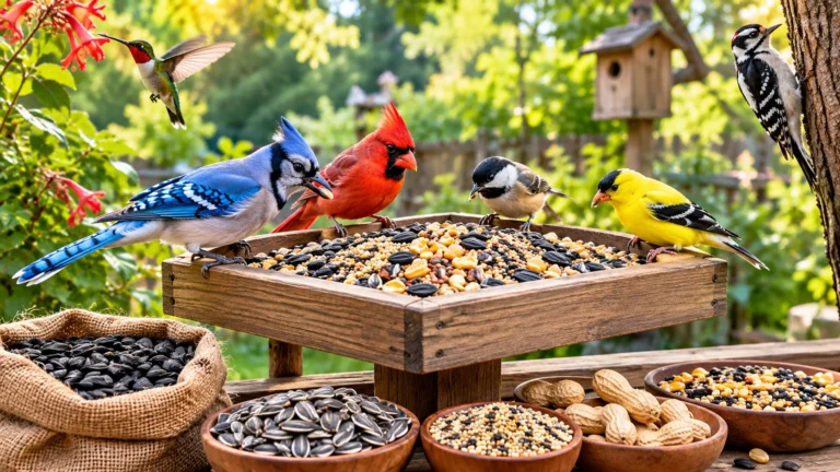 Blue Jay, Northern Cardinal, chickadee, and American Goldfinch feeding on mixed seeds in a wooden backyard bird feeder.