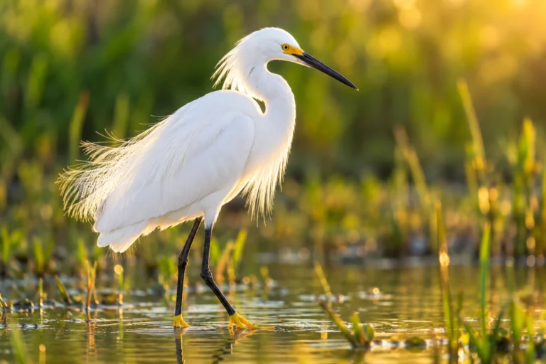 Snowy Egret standing in shallow marsh water with bright yellow feet and a black bill